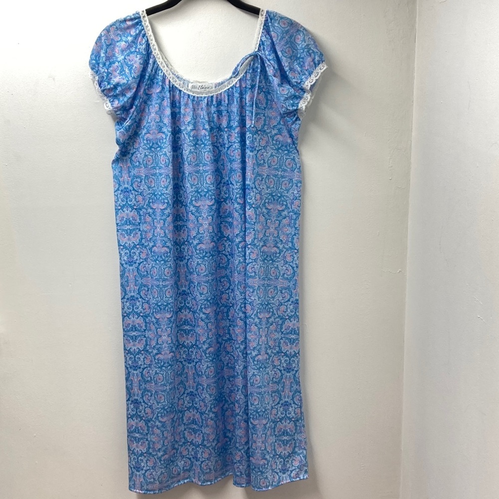 Miss Elaine Womens Nightgown Blue Pink Floral Lace Trimmed Short Sleeve M